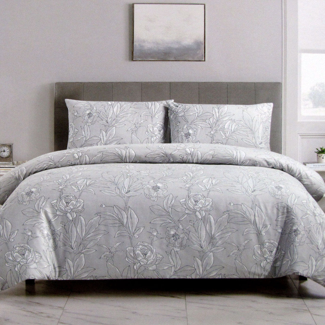 Silver Peony Floral Printed Microfiber Polyester Quilt Cover Set Queen