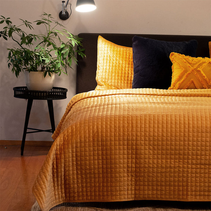 Adela Mustard Velvet Quilted Coverlet Set Queen/King