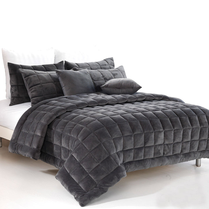Augusta Faux Mink Quilt / Comforter Set Charcoal Double