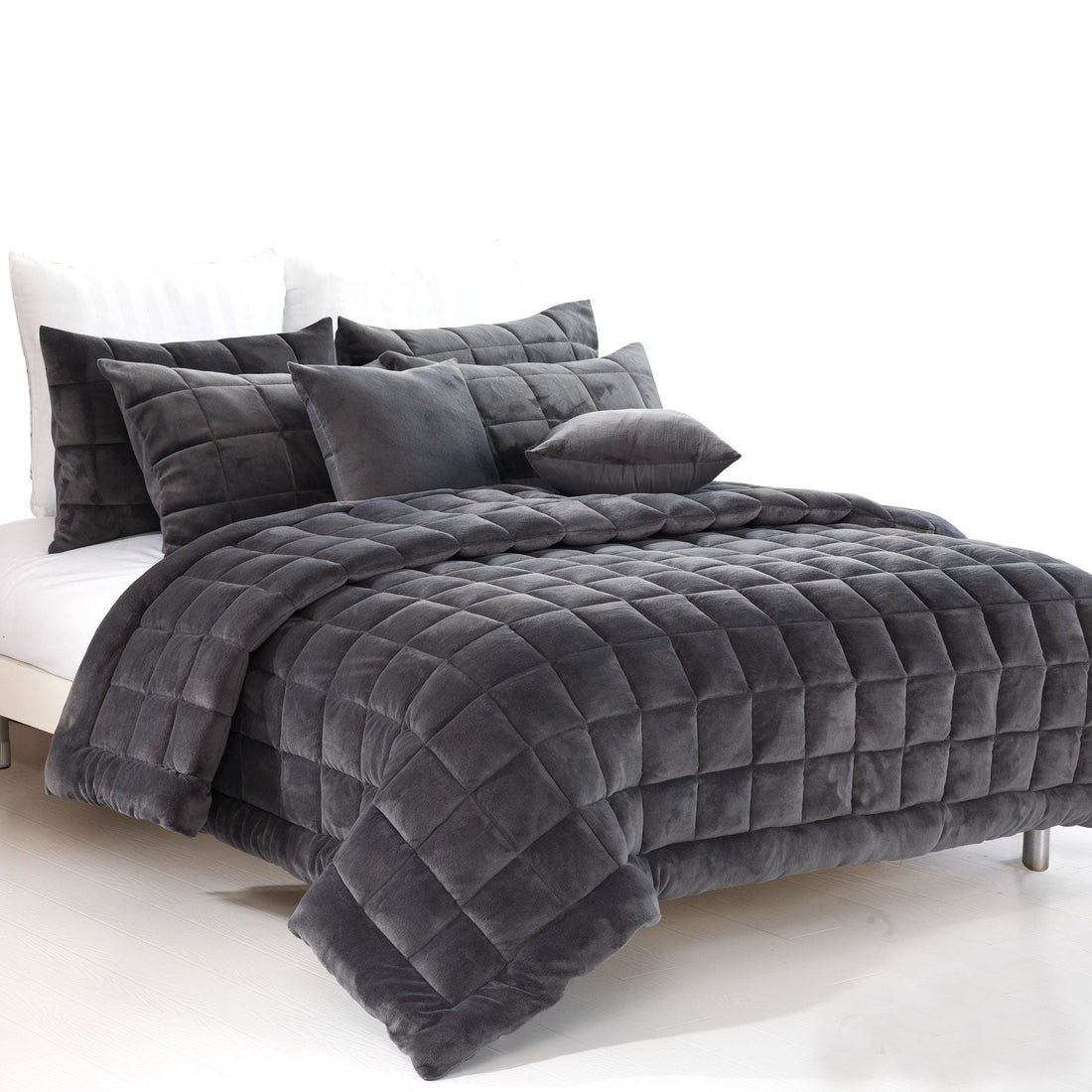 Augusta Faux Mink Quilt / Comforter Set Charcoal King