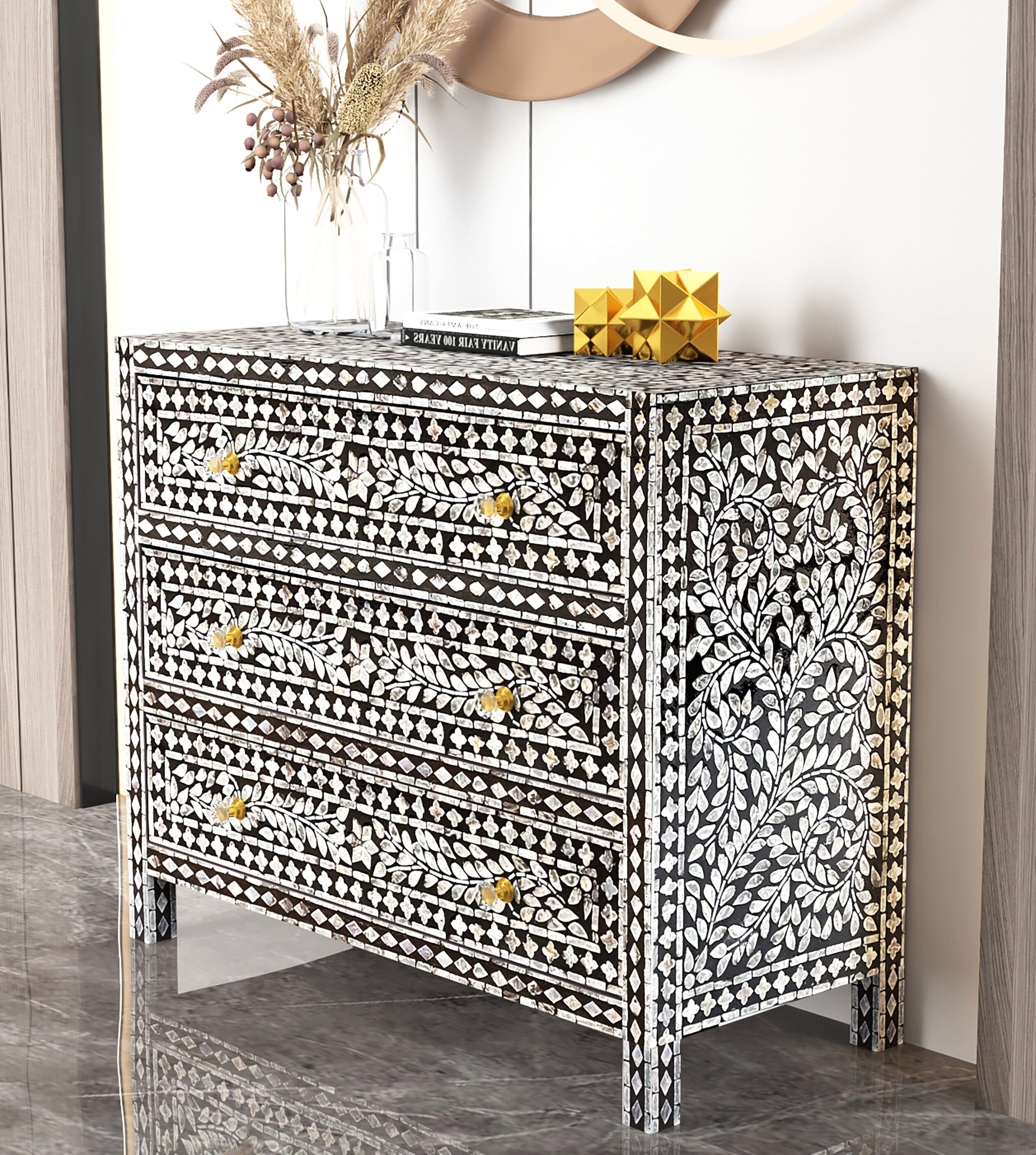 MOTHER OF PEARL HAND MADE MONOCHROME CHEST OF DRAWERS