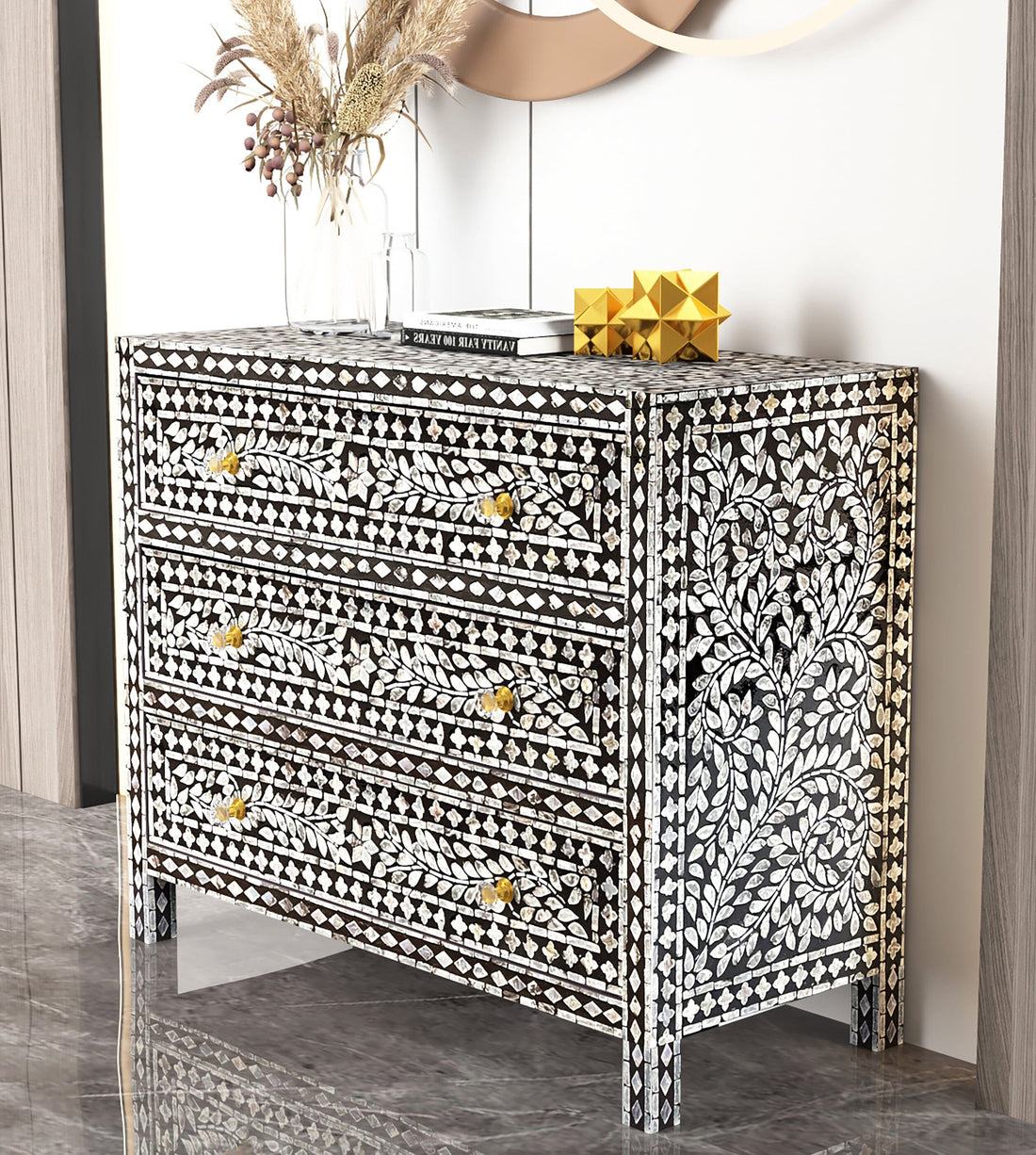 MOTHER OF PEARL HAND MADE MONOCHROME CHEST OF DRAWERS