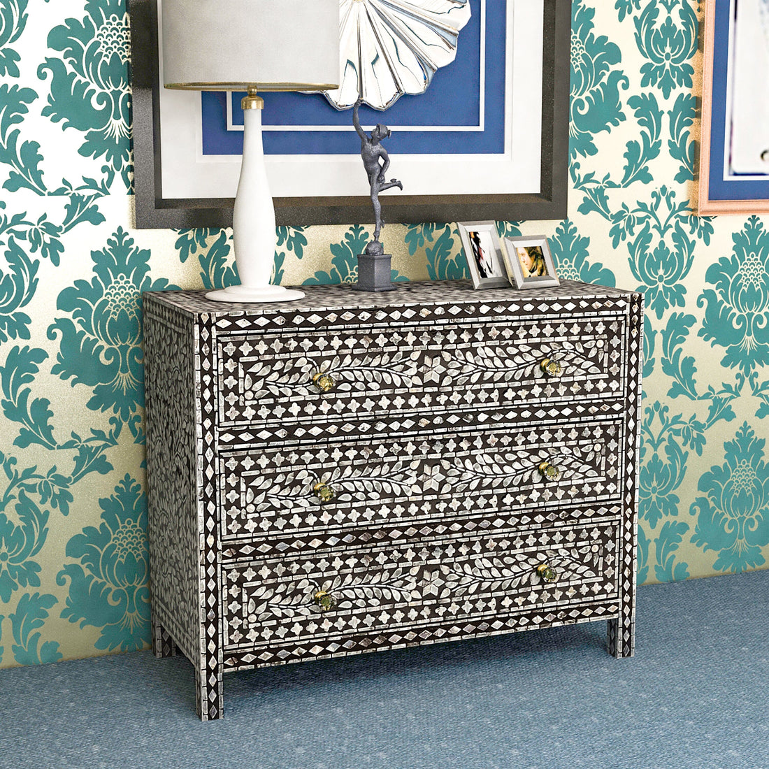MOTHER OF PEARL HAND MADE MONOCHROME CHEST OF DRAWERS